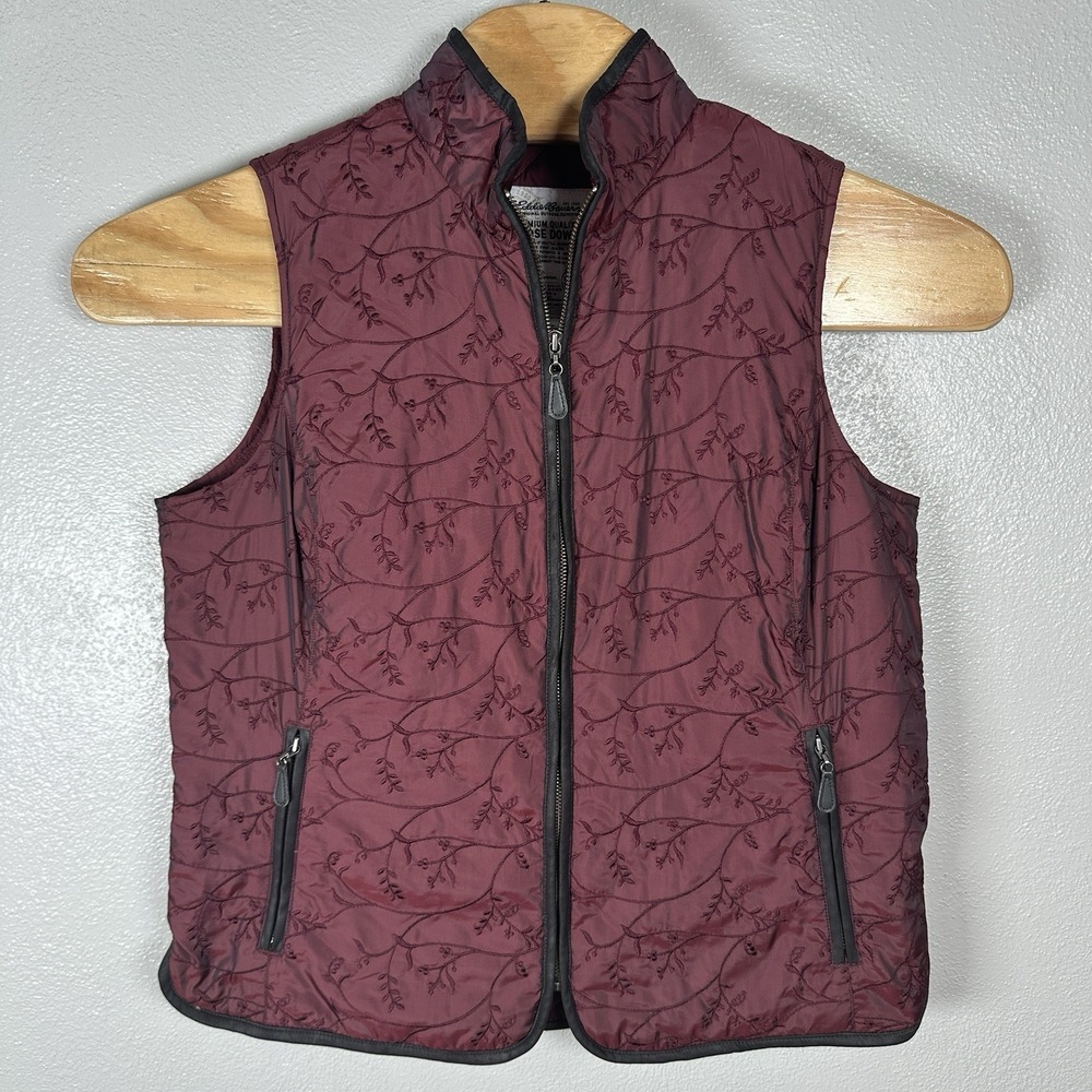 Eddie Bauer Puffer Vest Womens Sz Large Burgundy 650 Down Floral Embroidered Zip